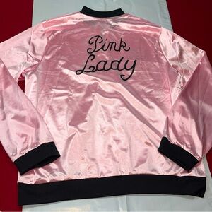 Grease PINK LADIES zip up Jacket satin stretchy knit black Spell Out on back XL